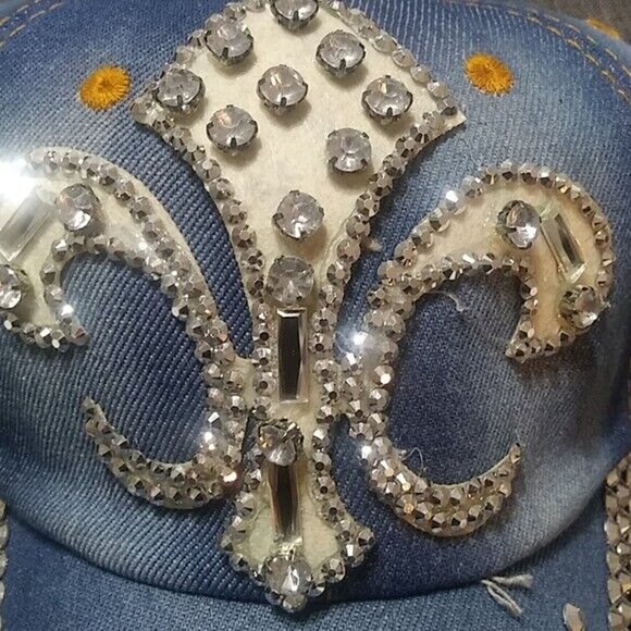Denim Women's Adjustable Fleur de Lis Baseball Style Cap With Rhinestone Accents - Picture 1 of 7